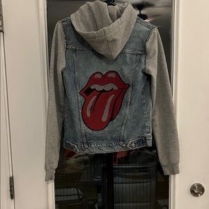 Upcycled Denim Jacket with sweatshirt Gray Sleeves and Rolling Stone patch H&M